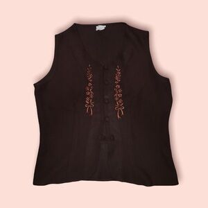 Trendy brown button up thin vest with light brown embroidery on front. Fits S/M